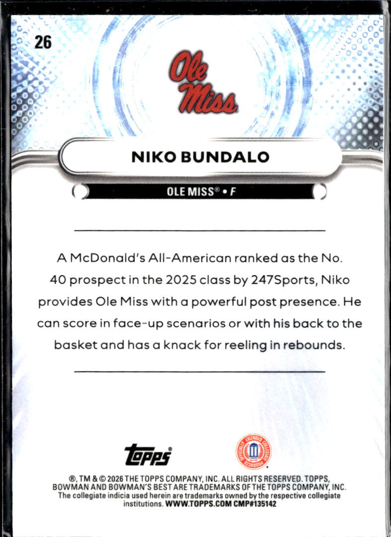 Niko Bundalo 2026 Bowman's Best Purple /250 Ole Miss Rebels