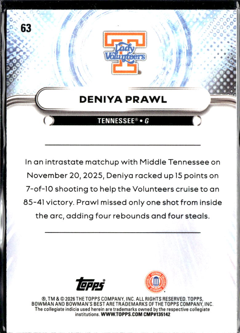 Deniya Prawl 2026 Bowman's Best Green Refractor 15/99 Tennessee Volunteers