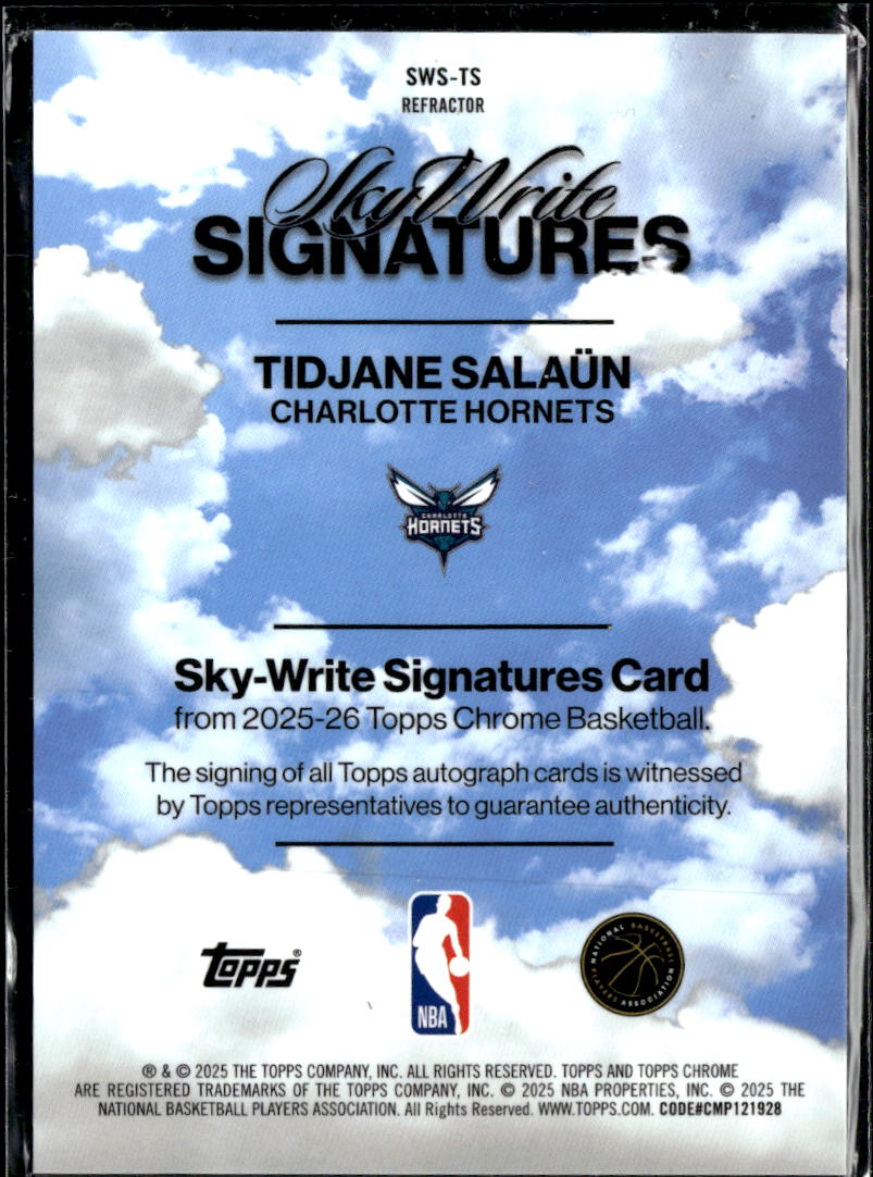 Tidjane Salaün 2025 Topps Chrome SkyWrite Auto Autograph Charlotte Hornets