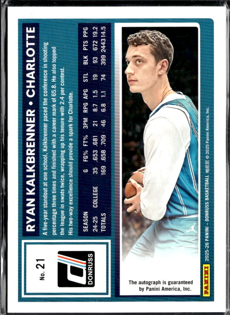 Ryan Kalkbrenner 2025 Donruss Auto Autograph RC 7/75 Charlotte Hornets