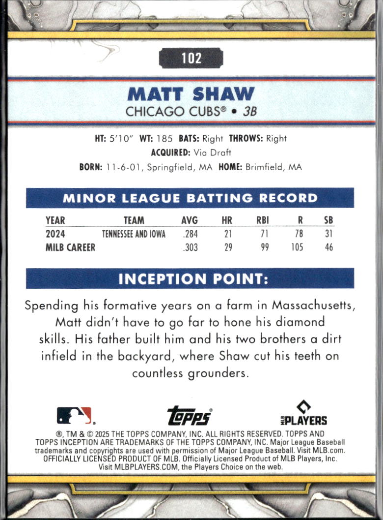 Matt Shaw 2025 Topps Inception Rookie RC Chicago Cubs