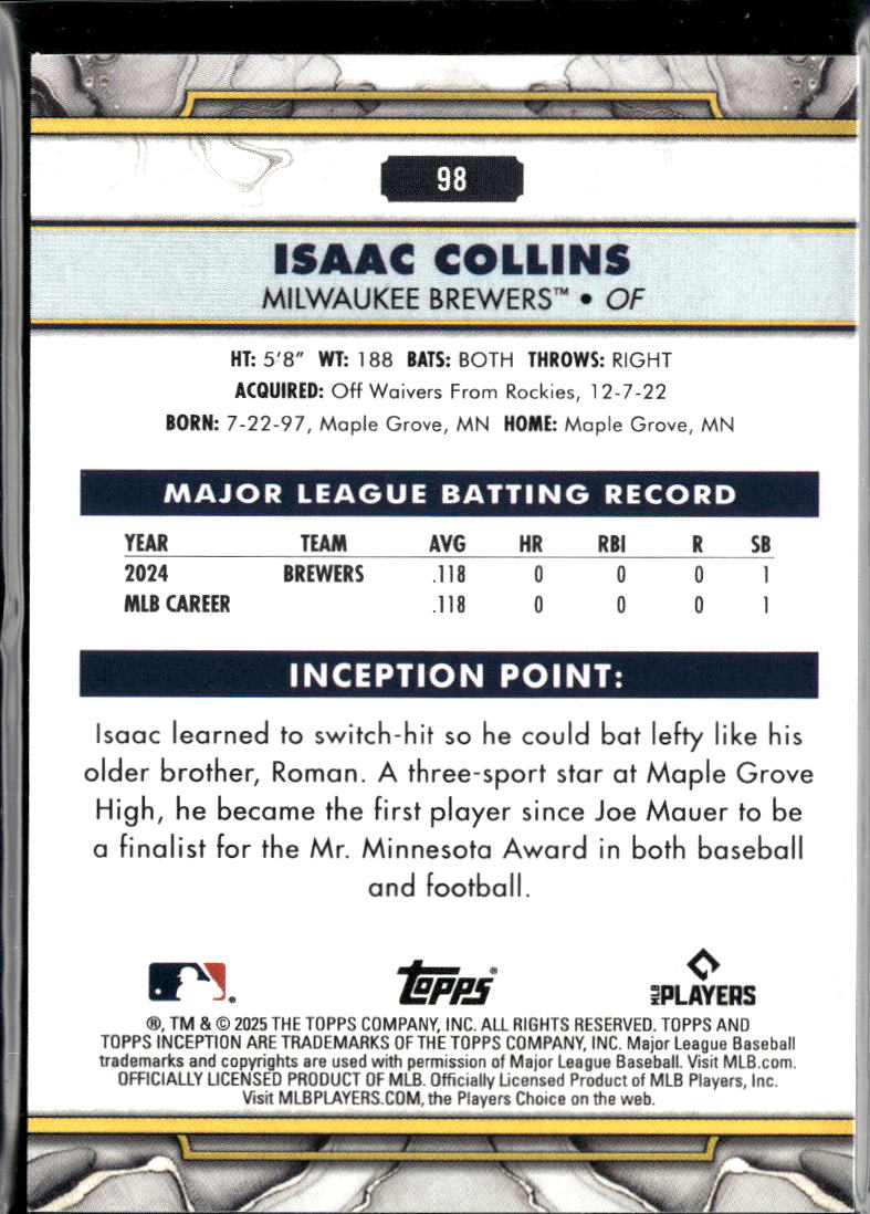Isaac Collins 2025 Topps Inception Green Rookie RC Milwaukee Brewers
