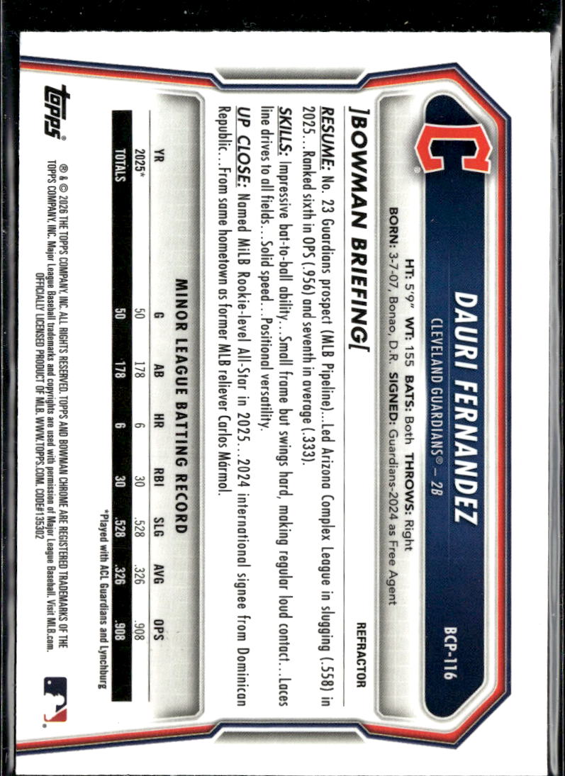 Dauri Fernandez 2026 Bowman Chrome 1st Refractor 470/499 Cleveland Guardians