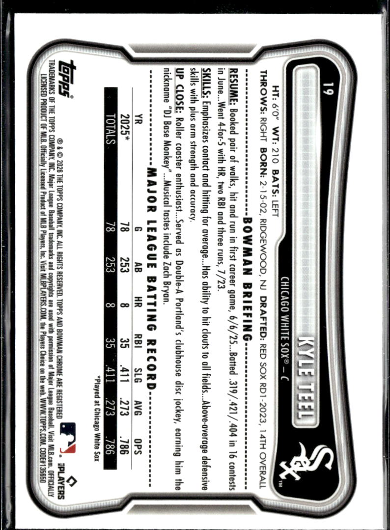 Kyle Teel 2026 Bowman Chrome RED Rookie Refractor RC Chicago White Sox