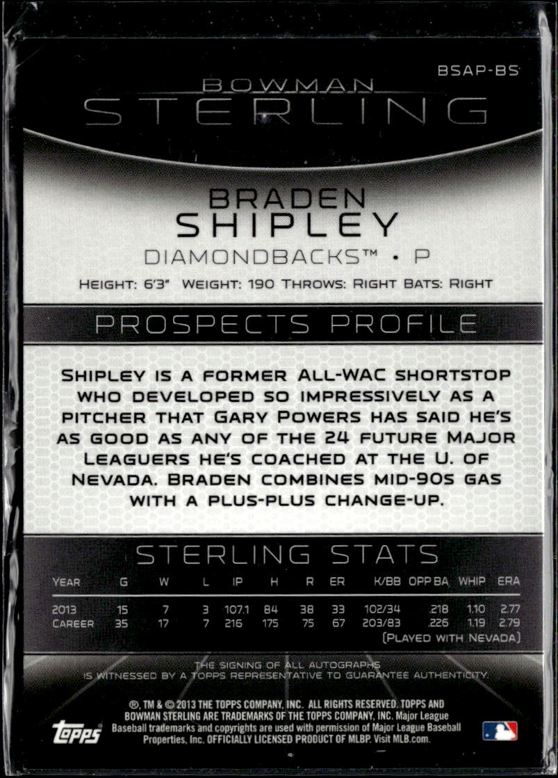Braden Shipley 2013 Bowman Sterling Auto Autograph Arizona Diamondbacks
