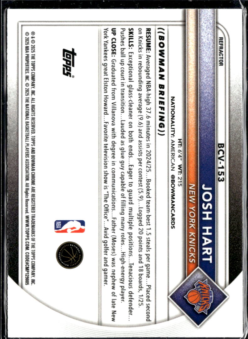 Josh Hart 2025 Bowman Chrome Refractor /499 New York Knicks