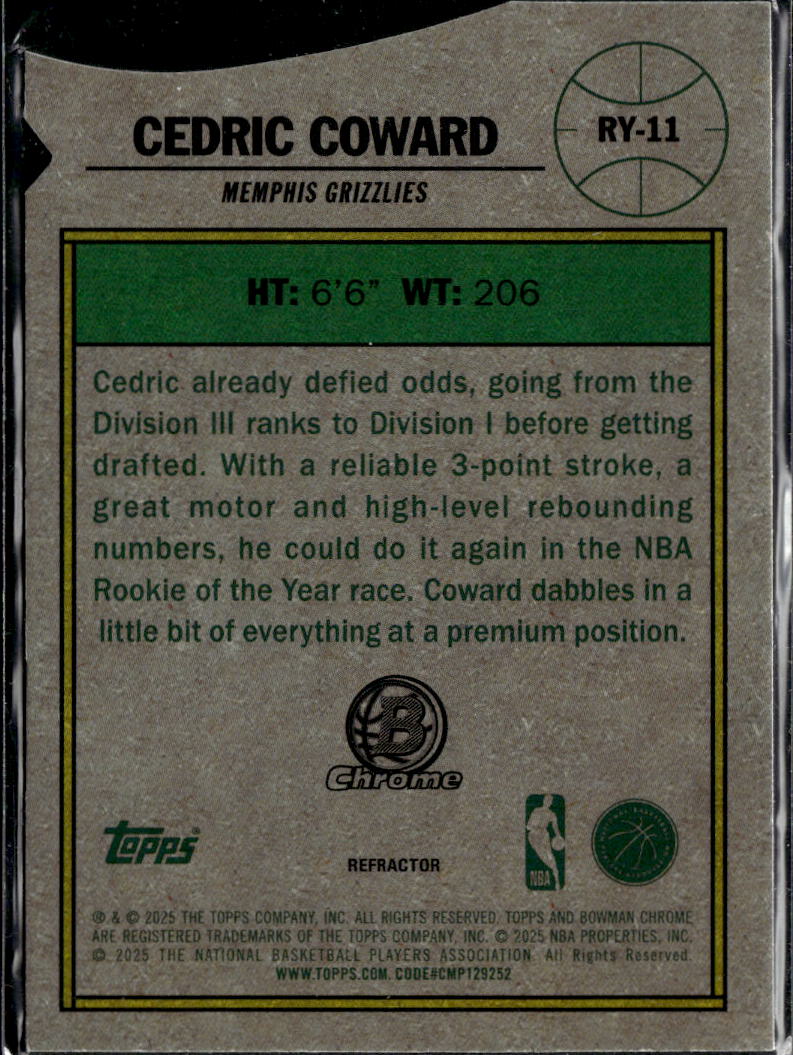 Cedric Coward 2025 Bowman Chrome Rookie of the Year Refractor Grizzlies