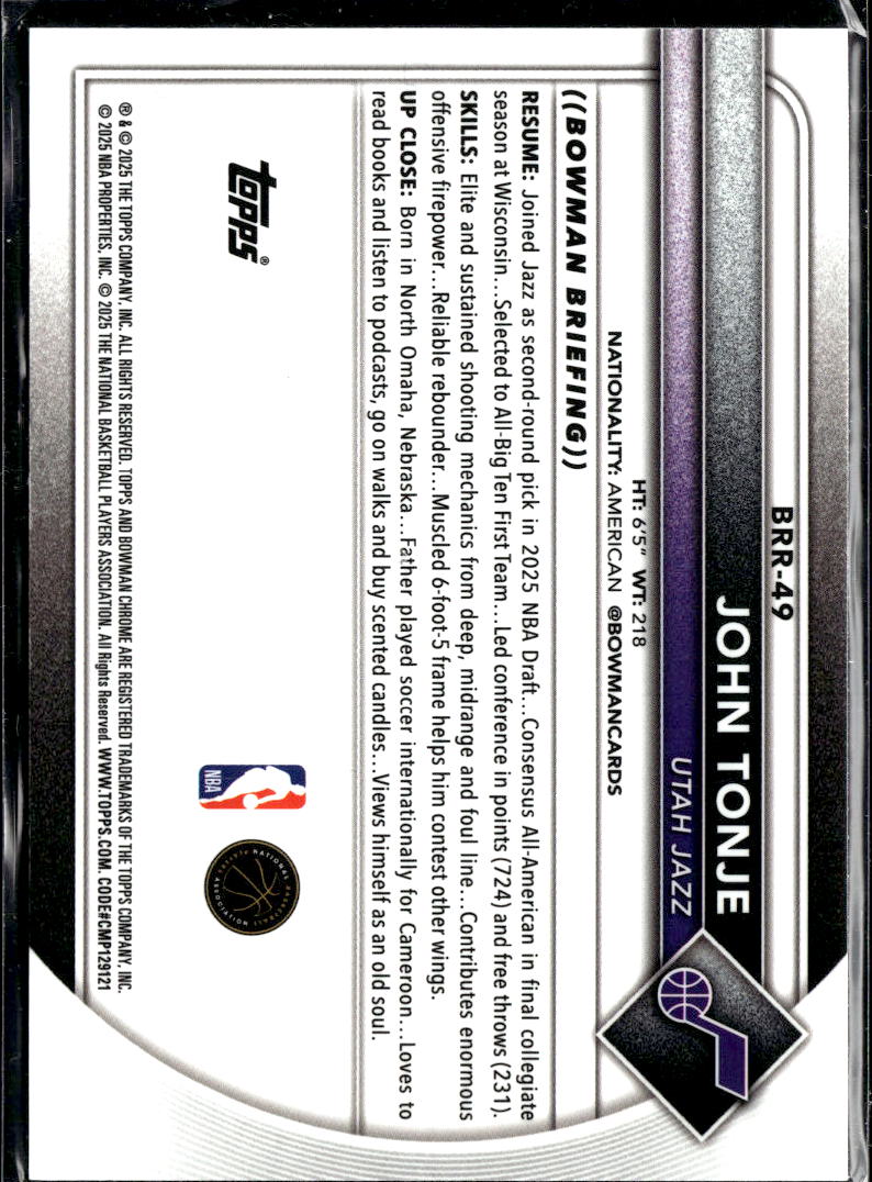 John Tonje 2025 Bowman Chrome RED Rookie Refractor RC Utah Jazz