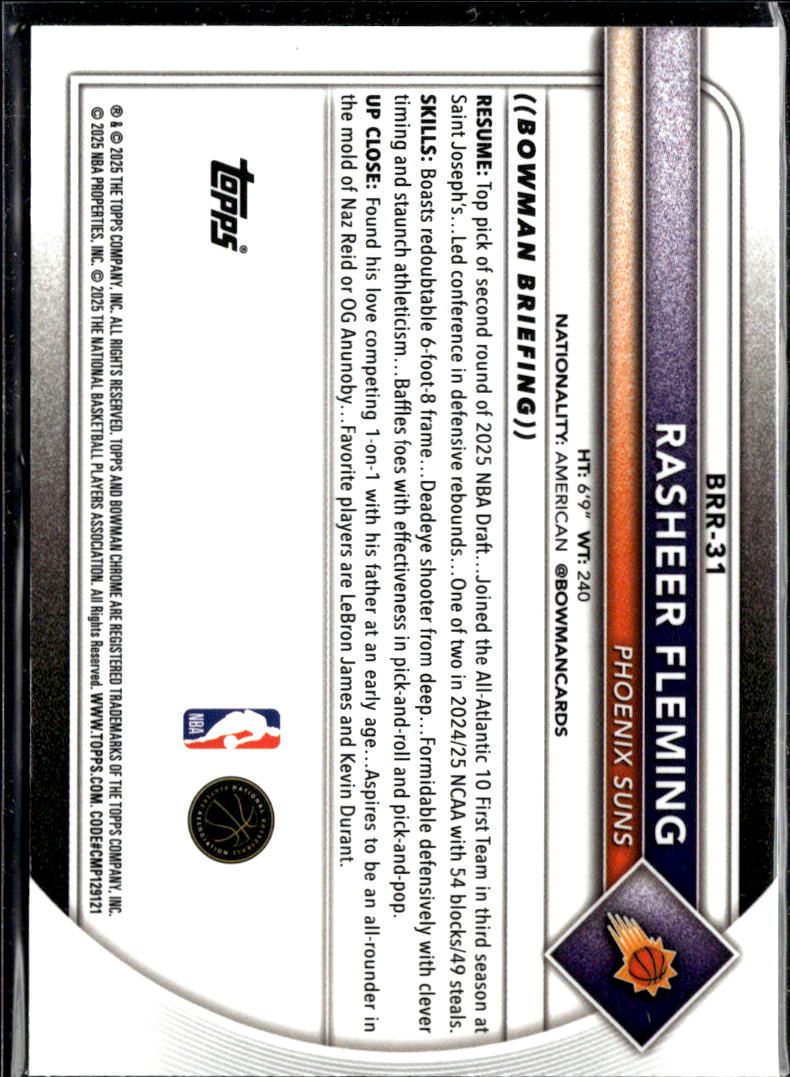 Rasheer Fleming 2025 Bowman Chrome RC RED Rookie Refractor Phoenix Suns