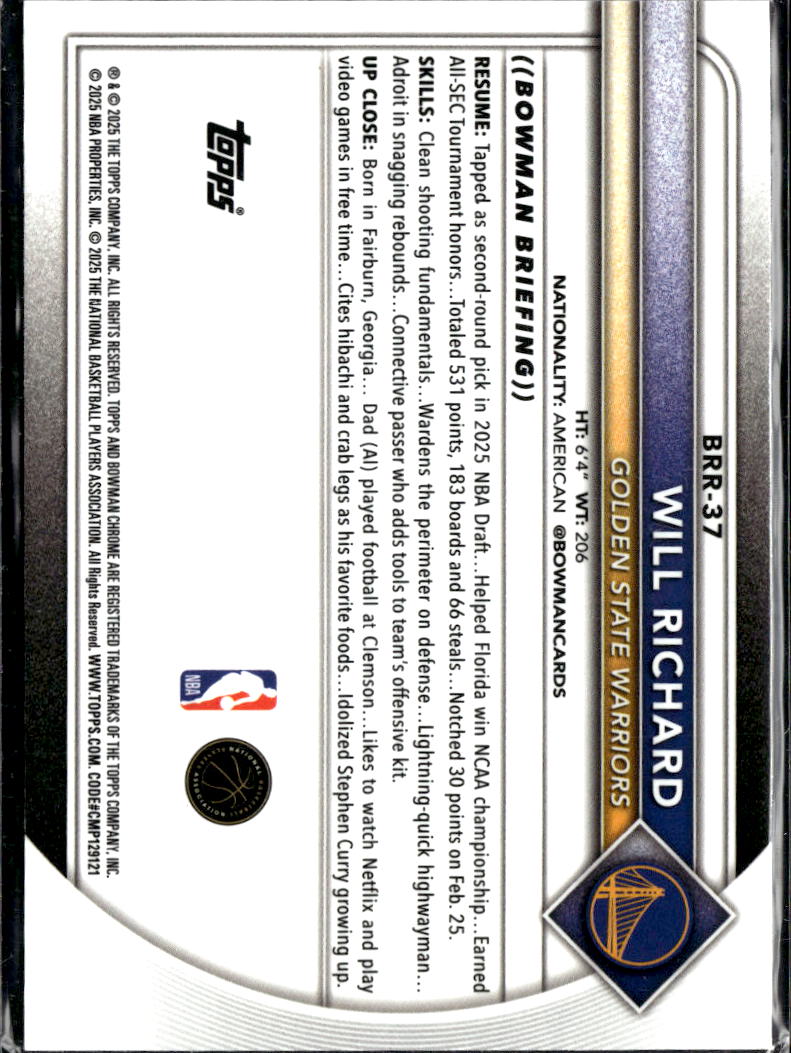 Will Richard 2025 Bowman Chrome RC RED Rookie Refractor Golden State Warriors