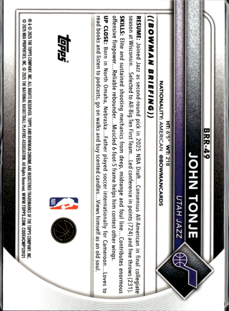John Tonje 2025 Bowman Chrome RC RED Rookie Refractor Utah Jazz