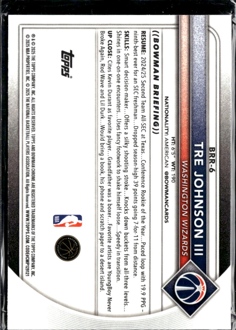 Tre Johnson III 2025 Bowman Chrome RC RED Rookie Refractor Washington Wizards