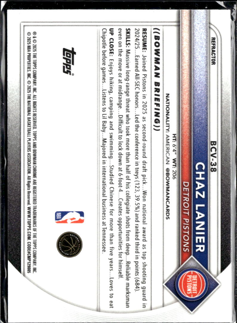 Chaz Lanier 2025 Bowman Chrome RC Refractor /499 Detroit Pistons
