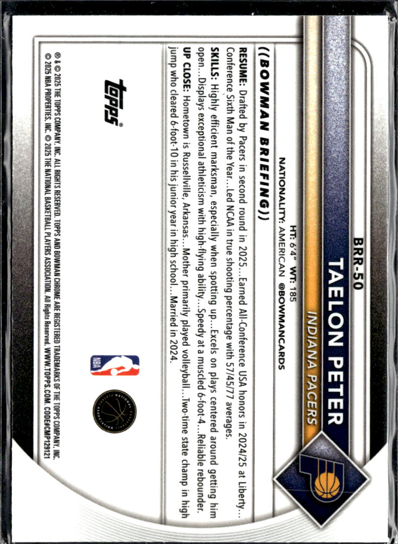 Taelon Peter 2025 Bowman Chrome RED Rookie Refractor RC Indiana Pacers