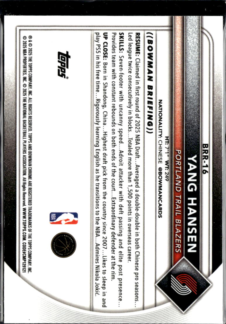 Yang Hansen 2025 Bowman Chrome RC RED Rookie Refractor Portland Trail Blazers