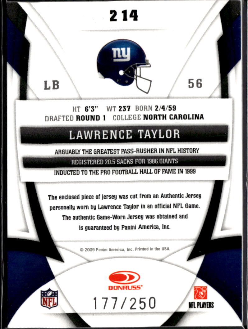 Lawrence Taylor 2009 Certified Immortals Game Worn Jersey Patch 177/250 Giants
