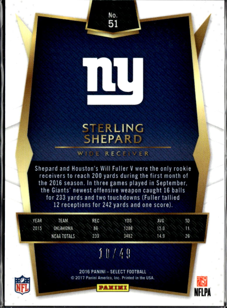 Sterling Shepard 2016 Select RC Rookie Orange 10/49 OU Sooners New York Giants
