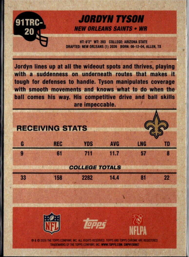 Jordyn Tyson 2026 Topps Chrome '91 Silver Pack Rookie RC New Orleans Saints