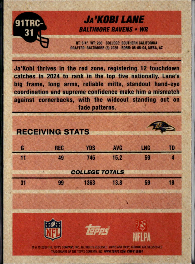 Ja'Kobi Lane 2026 Topps Chrome '91 Silver Pack Rookie RC Baltimore Ravens