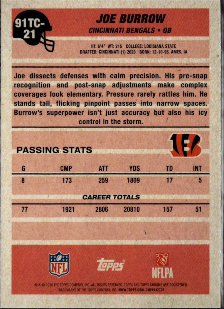 Joe Burrow 2026 Topps Chrome '91 Silver Pack Refractor Cincinnati Bengals