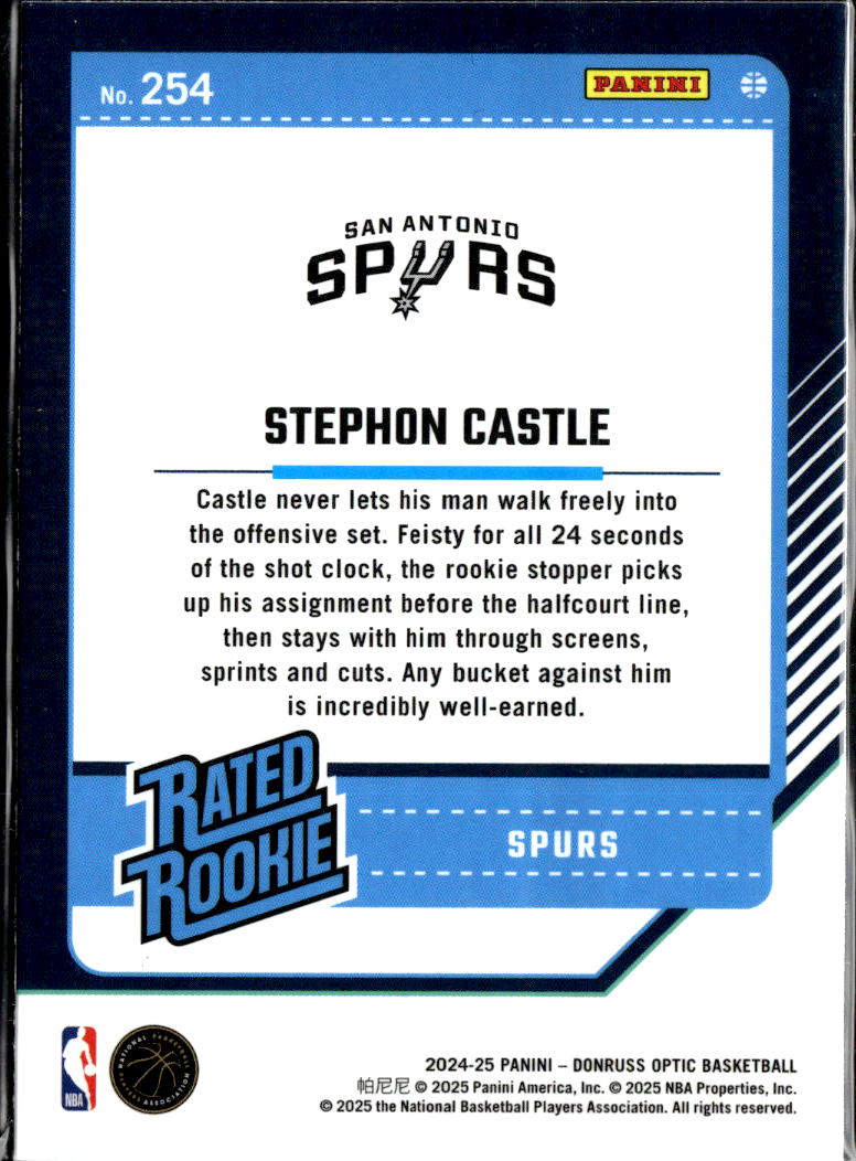 Stephon Castle 2024-25 Optic Rated Rookie RC San Antonio Spurs