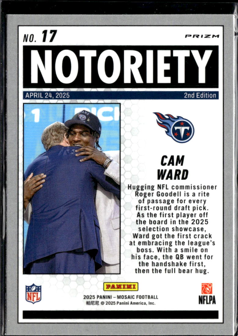 Cam Ward 2025 Mosaic Orange Rookie Notoriety RC Tennessee Titans