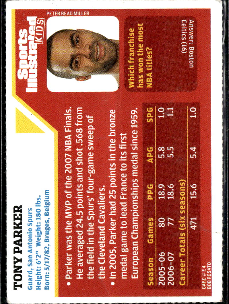 Tony Parker 2006 Sports Illustrated For Kids San Antonio Spurs