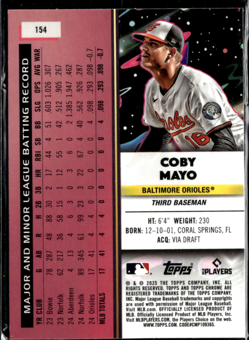 Coby Mayo 2025 Topps Cosmic Chrome RC Baltimore Orioles