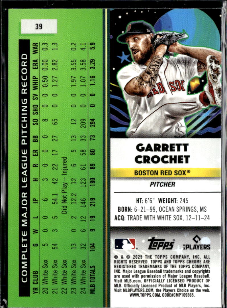 Garrett Crochet 2025 Topps Cosmic Chrome Boston Red Sox