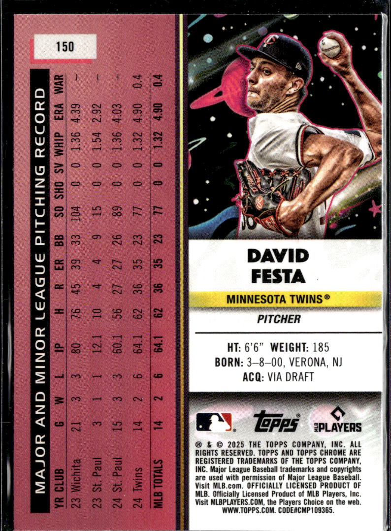 David Festa 2025 Topps Chrome Cosmic RC Minnesota Twins