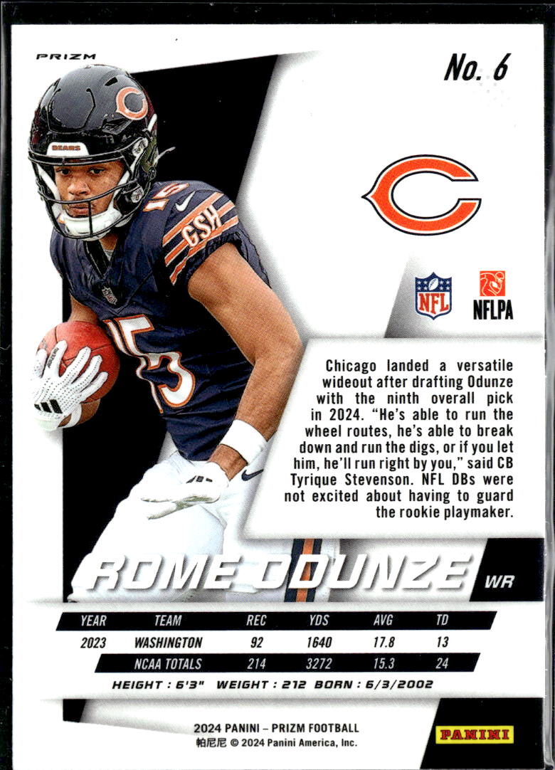 Rome Odunze 2024 Prizm Silver Prizm Rookie RC #6 Chicago Bears