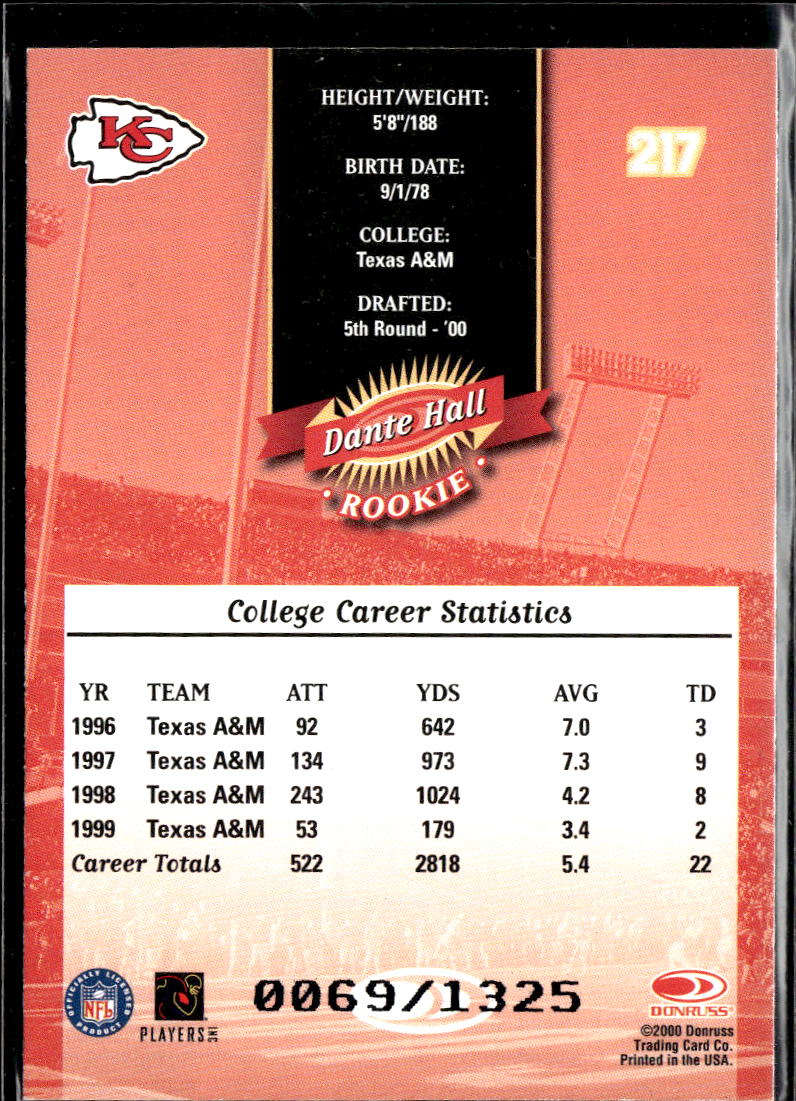 Dante Hall 2000 Donruss Rookie RC 69/1325 Kansas City Chiefs