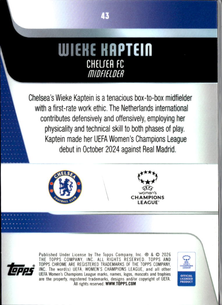 Wieke Kaptein 2026 Topps Chrome UEFA Women's Future Stars Gold /50 Chelsea FC
