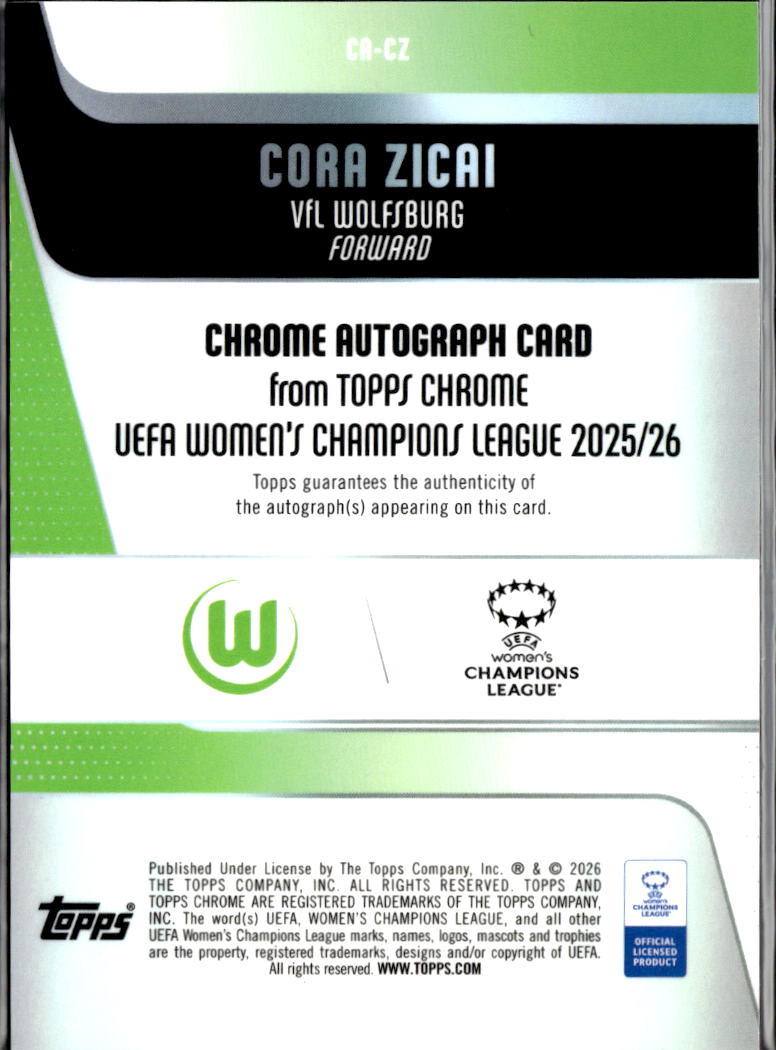 Cora Zicai 2026 Topps Chrome UEFA Women's Auto Autograph GOLD RC /50 Wolfsburg