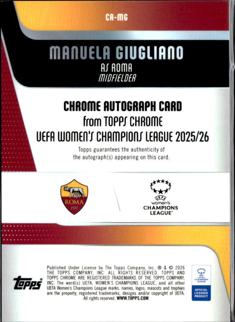 Manuela Giugliano 2026 Topps Chrome UEFA Women's Auto Autograph Purple /75  Roma