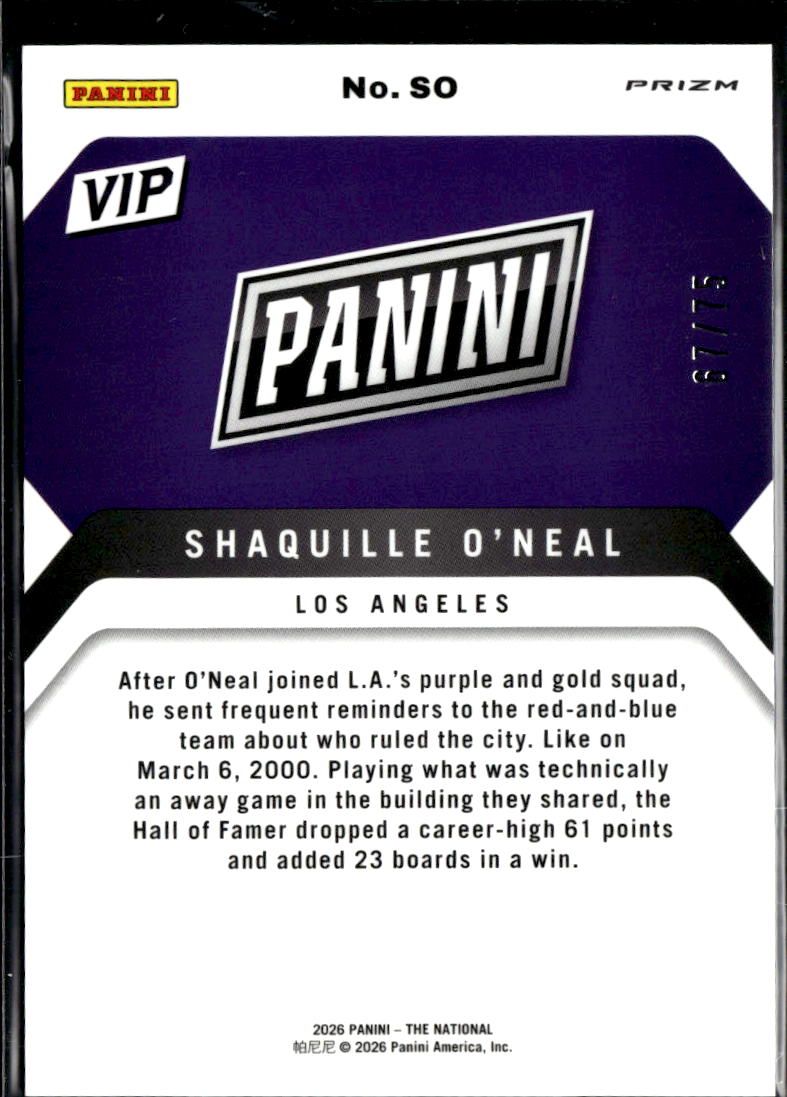 Shaquille O'Neal 2026 Panini Prizm The National VIP Blue /75 Los Angeles Lakers