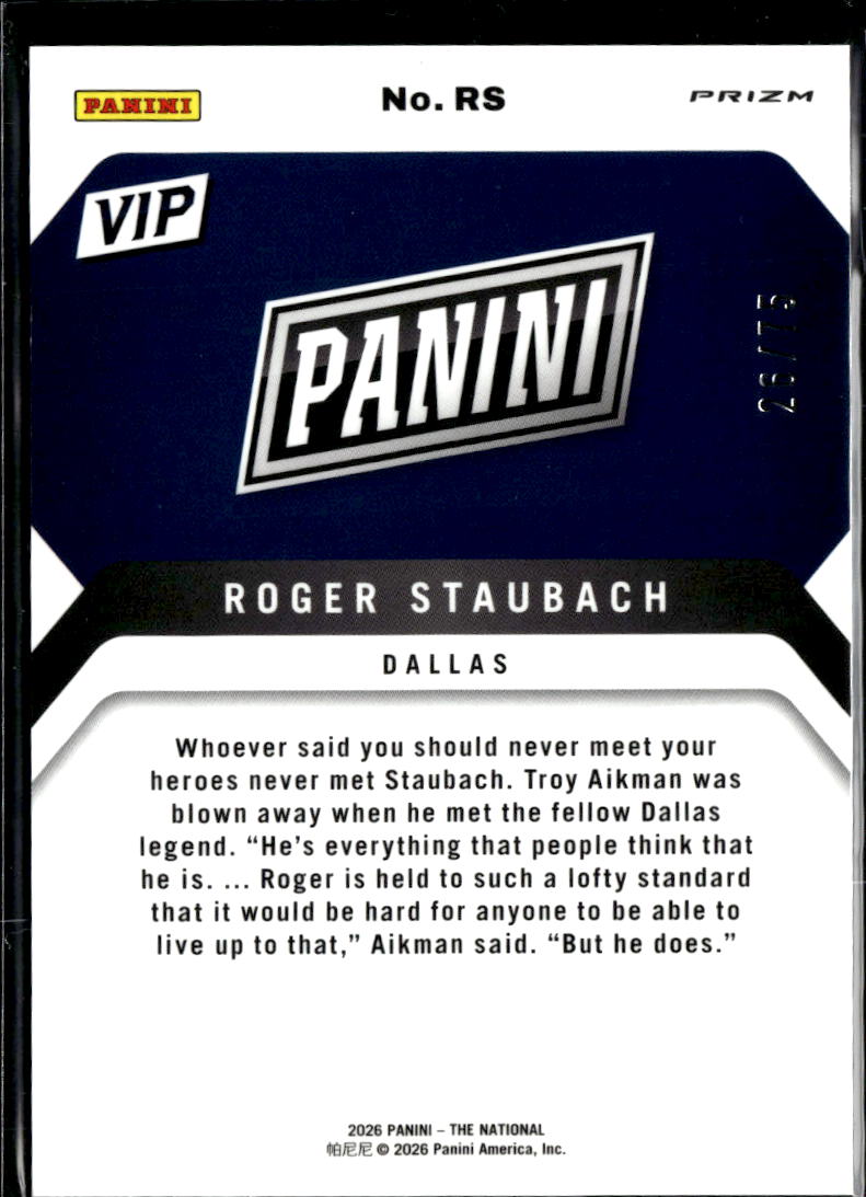 Roger Staubach 2026 Panini Prizm National VIP Blue /75 Dallas Cowboys