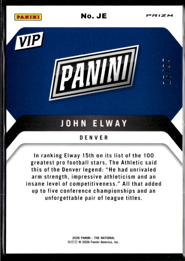 John Elway 2026 Panini Prizm VIP Red 16/99 Denver Broncos