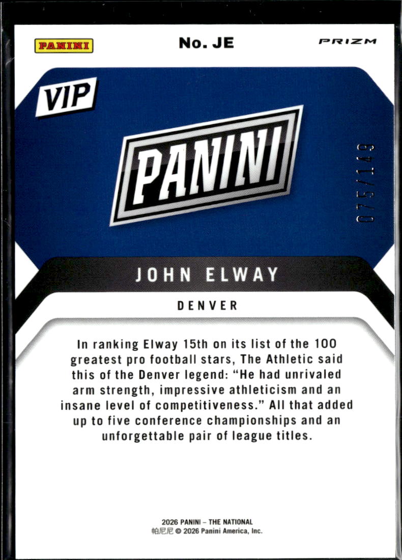 John Elway 2026 Panini Prizm National VIP Purple /149 Denver Broncos