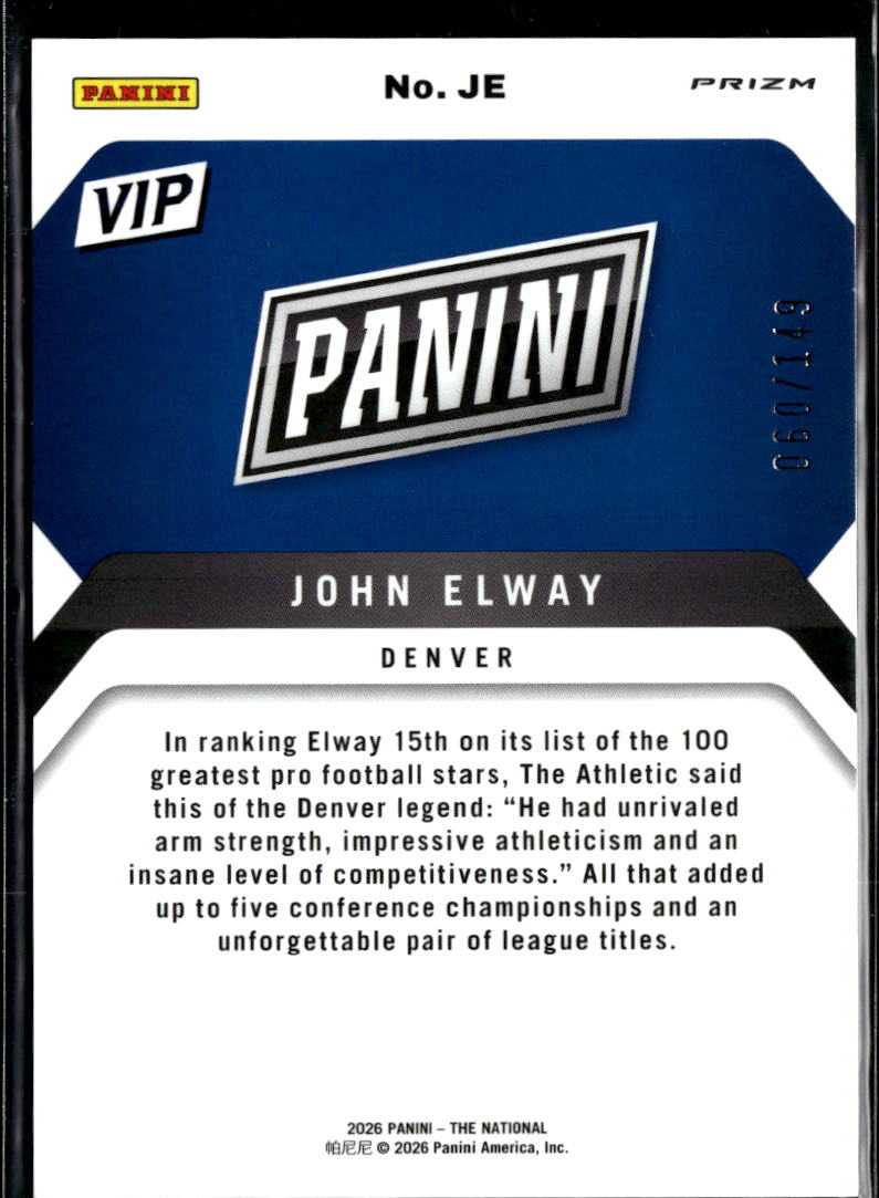 John Elway 2026 Panini Prizm National VIP Purple 60/149 Denver Broncos