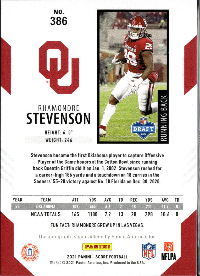 Rhamondre Stevenson 2021 Score Red Zone Auto Autograph RC 19/20 Oklahoma Sooners