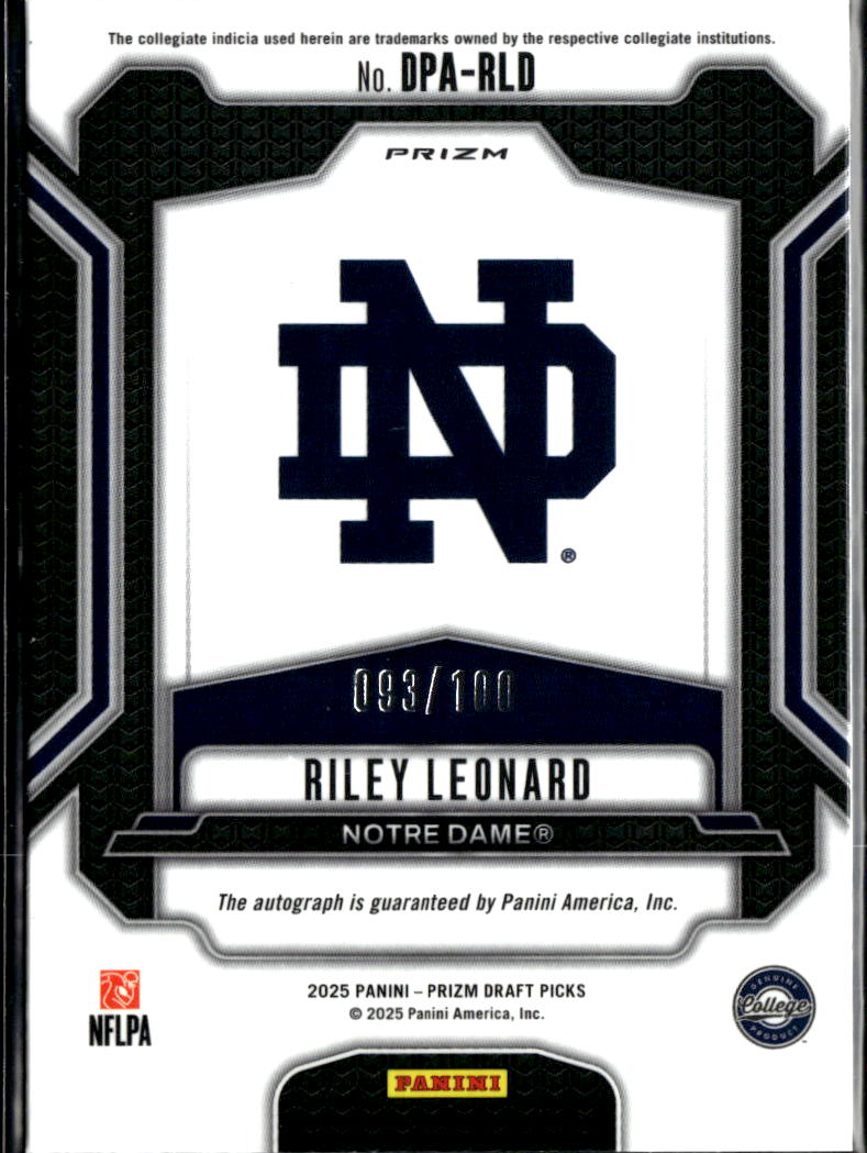 Riley Leonard 2025 Prizm Draft Auto Autograph RC 93/100 Notre Dame Colts