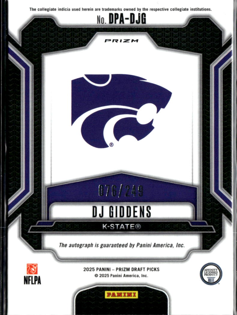DJ Giddens 2025 Prizm Draft Auto Autograph RC /249 Kansas State Wildcats