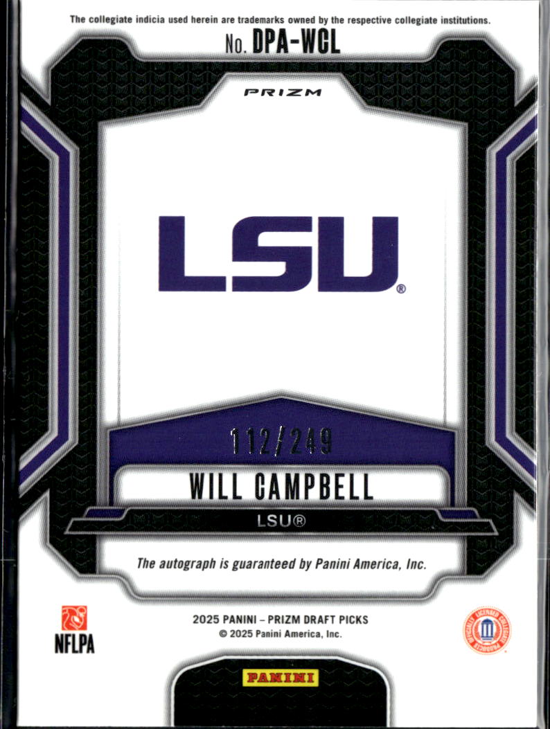 Will Campbell 2025 Prizm Draft Auto Autograph RC 112/249 LSU Tigers
