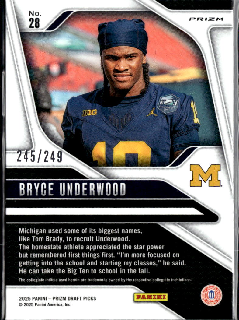 Bryce Underwood 2025 Prizm Draft Picks Blue RC 245/249 Michigan Wolverines