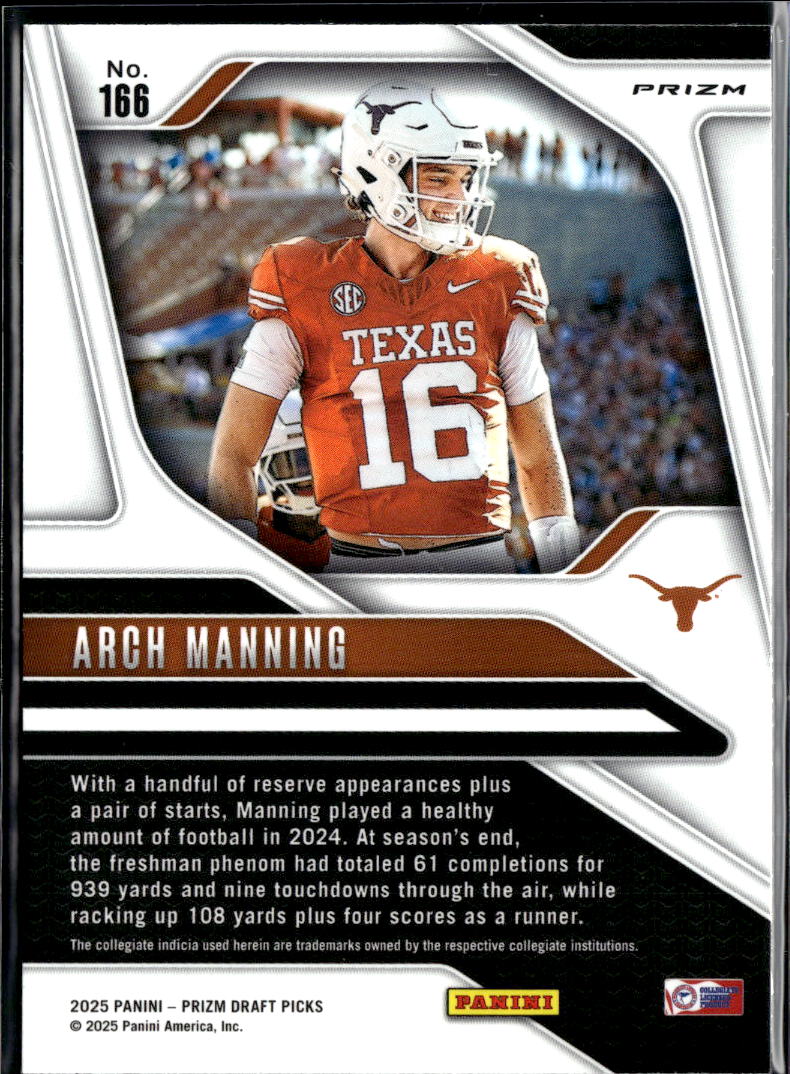 Arch Manning 2025 Panini Prizm Silver Prizm Rookie RC Texas Longhorns