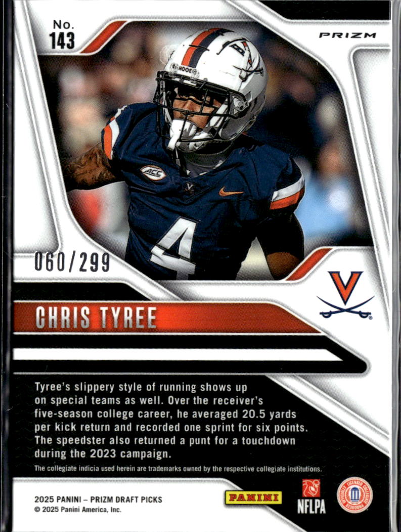 Chris Tyree 2025 Prizm Draft Picks RC Blue Wave /299 Virginia Cavaliers