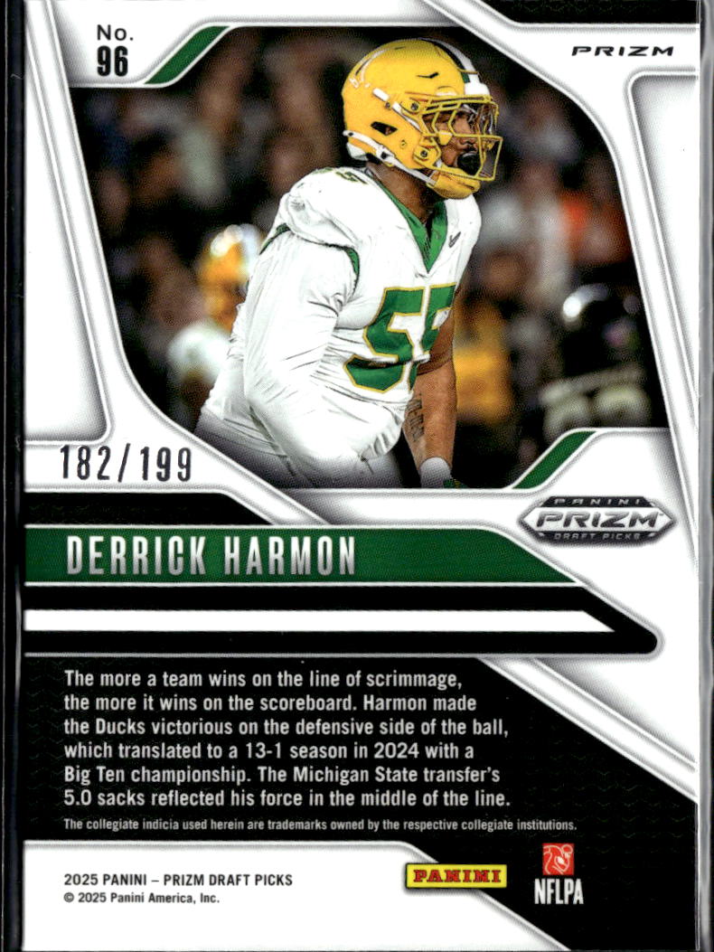 Derrick Harmon 2025 Prizm Draft Purple Ice Rookie RC 182/199 Oregon Ducks
