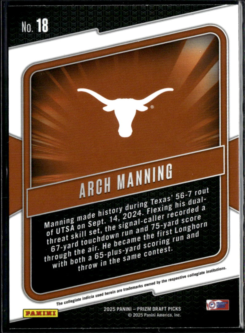 Arch Manning 2025 Panini Prizm Draft Picks Hype RC Rookie Texas Longhorns