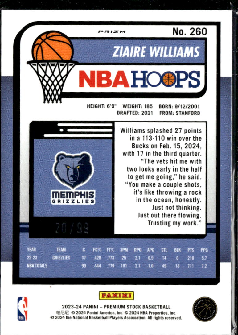 Ziaire Williams 2024 NBA Hoops Red Cracked Ice /99 Memphis Grizzlies